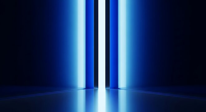 Abstract futuristic blue light portal with glowing vertical lines and reflection