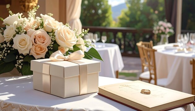 Elegant outdoor setting with floral arrangements, a gift box tied with a satin ribbon, and a guestbook with a wedding ring