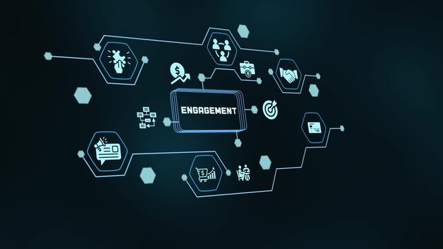 Digital marketing interface displaying audience engagement, customer relationship metrics, and media network connection.