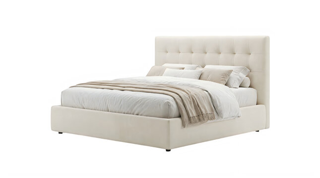 Modern beige upholstered double bed with a tufted headboard and soft white bedding in a comfortable bedroom isolated on transparent background