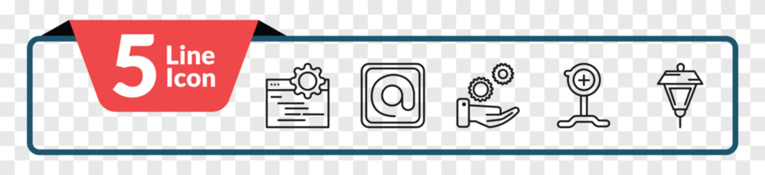 outline technology icons set - ide, mentions, pitching hine, lamp post. editable vector for web and mobile ui