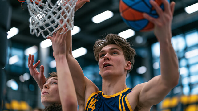 Korfball post shot rebound contest with tall defender body blocking shorter attacker in mixed team league match, indoor sports hall, close action under cylindrical post basket, technical foul risk m