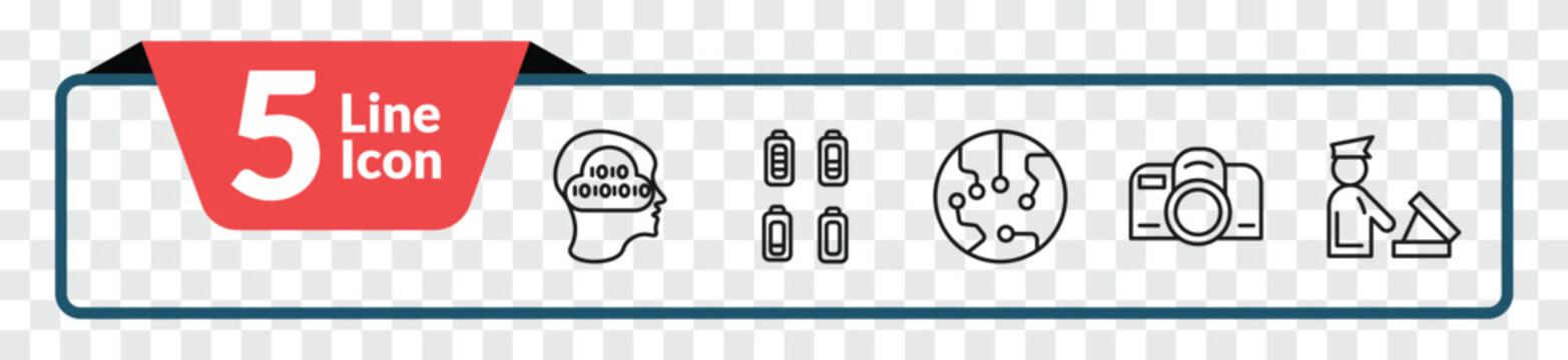 outline technology icons set - binary mind, battery status, reflex photo camera, customs. editable vector for web and mobile ui