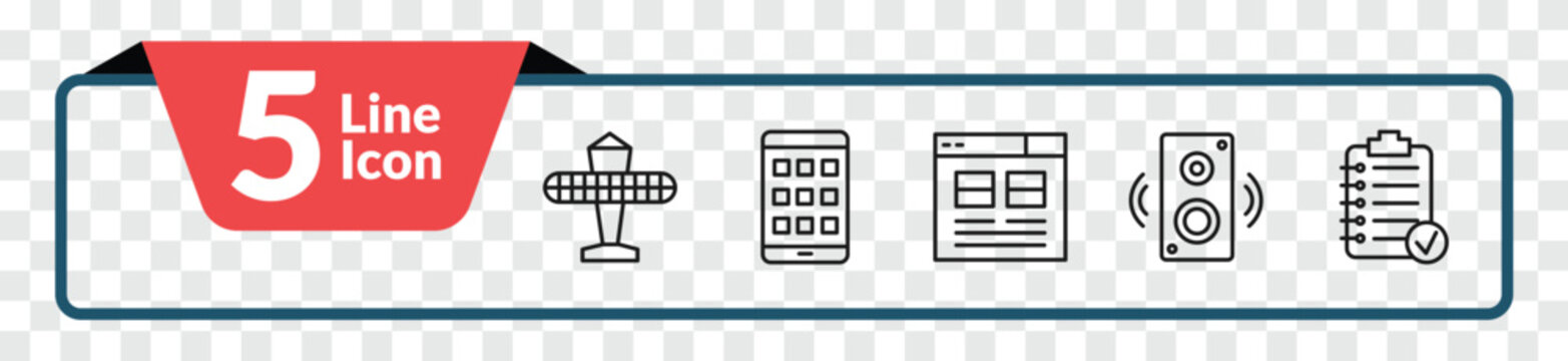 outline technology icons set - solar plane, native apps, sound box, summary. editable vector for web and mobile ui