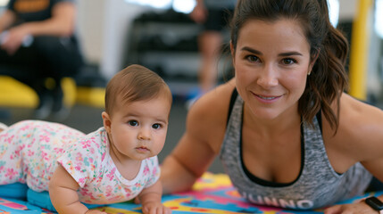 Obraz premium New mother six months postpartum completing a supervised postpartum fitness circuit in a gym, baby lying on a play mat visible nearby, strength coach observing form, the setting warm and functional,