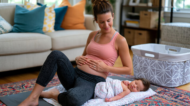 New mother in modest home living room performing gentle core rehabilitation exercises on mat beside sleeping infant in bassinet, postpartum fitness recovery, pelvic floor restoration, fitness after 