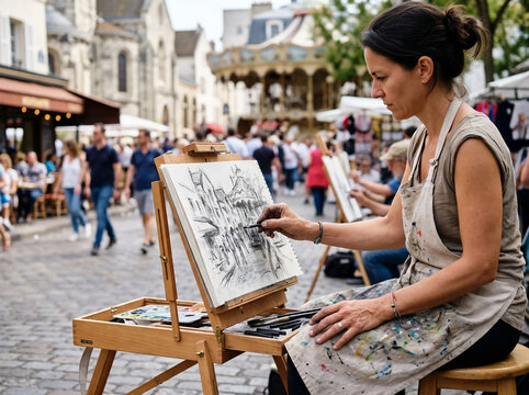 Artist Sketching a European Street Scene in a Bustling Public Square