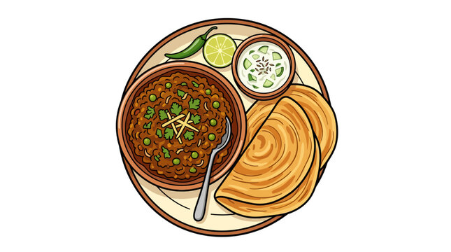 Indian Matar Keema with Roti and Raita - Delicious Home-Style Food Illustration