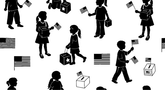 Silhouette Children Holding Flags and Ballot Boxes Pattern.