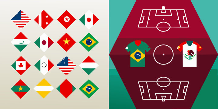 National Flags And Soccer Field Diagrams Flat Vector Illustration