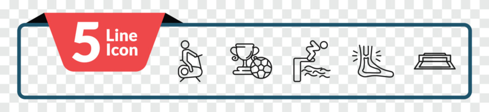 outline sport icons set - exercise gym, football cup, sprained ankle, tennis court. editable vector for web and mobile ui