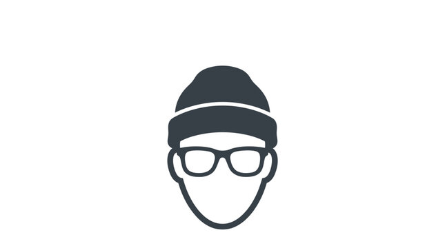 Minimalist icon of a person wearing a beanie hat and glasses.