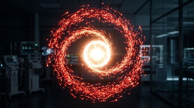 A circular flow of glowing orange particles forming a vortex inside a dark futuristic scientific laboratory