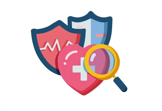 Icon consisting of Shield, Heart and Lense Representing Health and Insurance