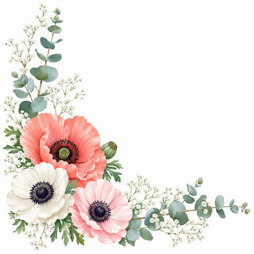 Watercolor Poppy and Anemone Corner Floral Arrangement with Eucalyptus Leaves