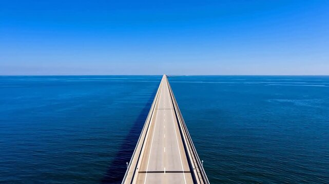 A stunning view of a sea bridge extending into the vast blue ocean under a clear sky