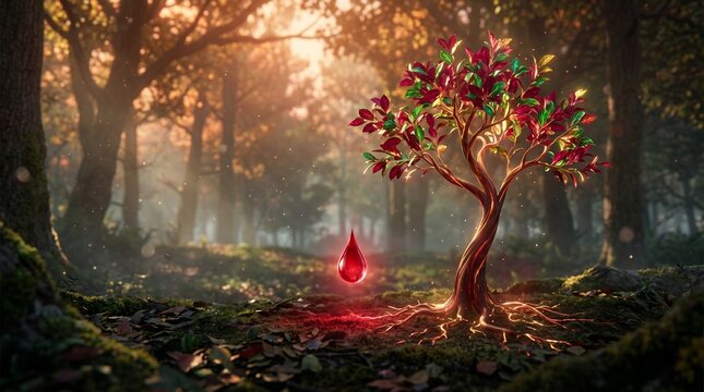 Mystical glowing tree with red leaves and levitating crystal droplet in an enchanted forest