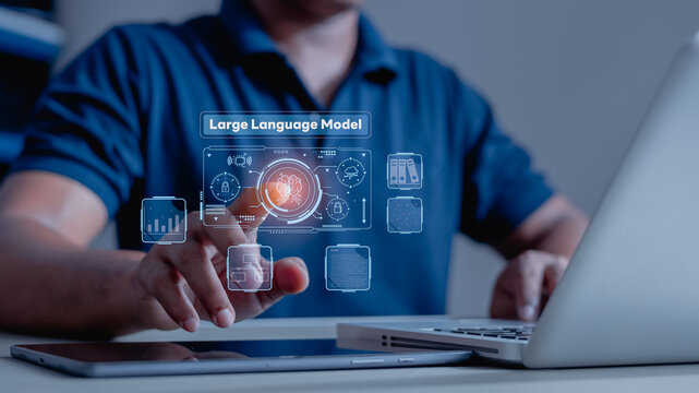 Large Language Model technology concept featuring AI-powered data analysis, machine learning, natural language processing, intelligent automation, and digital innovation on connected devices.