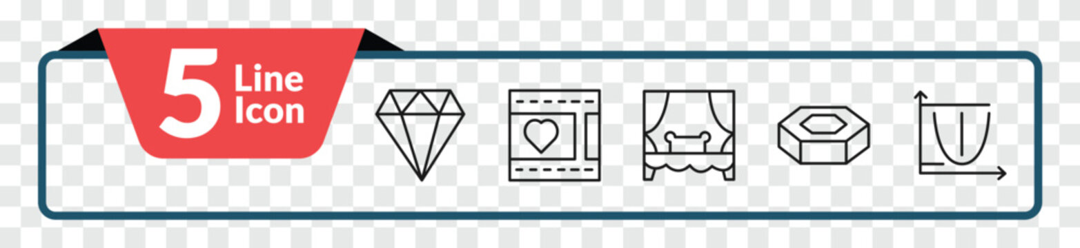 outline shapes icons set - big diamond, film strip with heart, hexagonal prism, parabola. editable vector for web and mobile ui