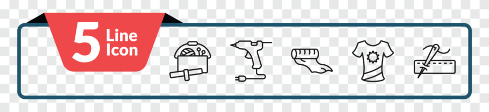 outline sew icons set - sewing box, hot glue, garment, running stitch. editable vector for web and mobile ui