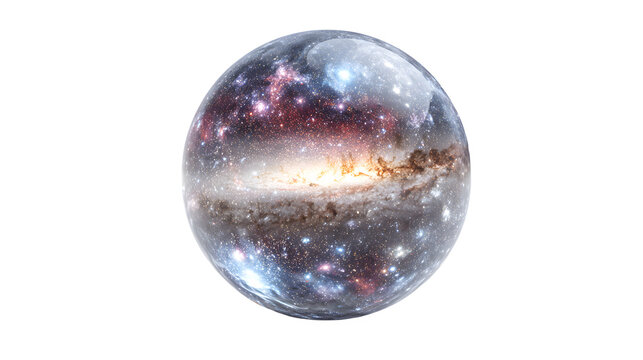 Glowing galaxy inside transparent sphere cosmic view