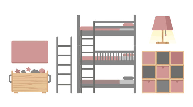 Bunk Bed Furniture Set: Ladder, Toy Chest, Storage Cubes, Lamp, Pink Accents