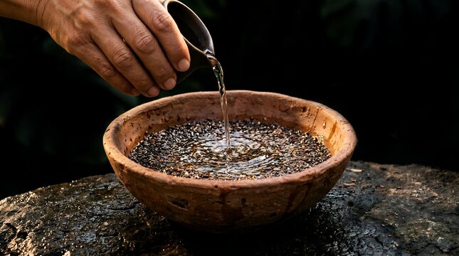 A person pours water into a clay bowl filled with small objects on a stone surface.