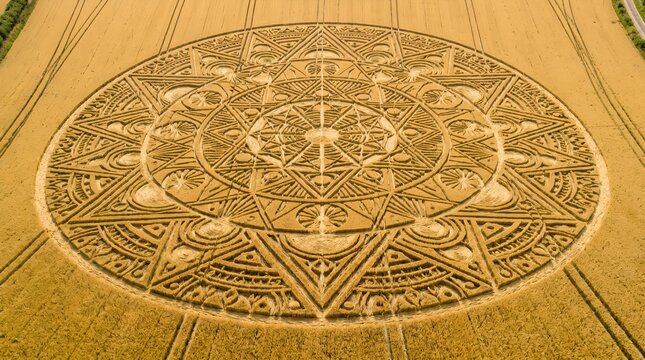 Aerial view of intricate crop circle design in field with geometric patterns