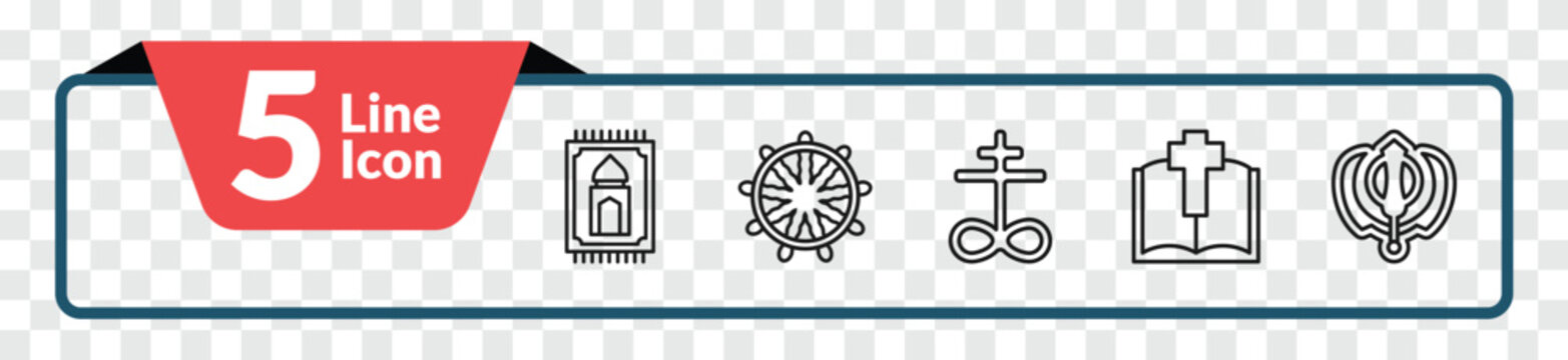 outline religion icons set - praying mat, dharma, gospel, sikhism. editable vector for web and mobile ui