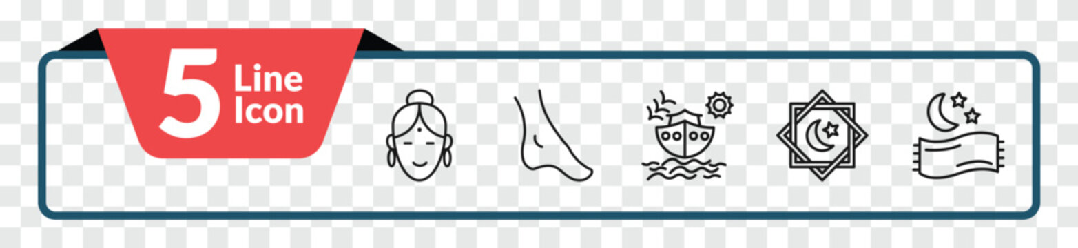 outline religion icons set - hindu, feet, rub el hizb, isha. editable vector for web and mobile ui