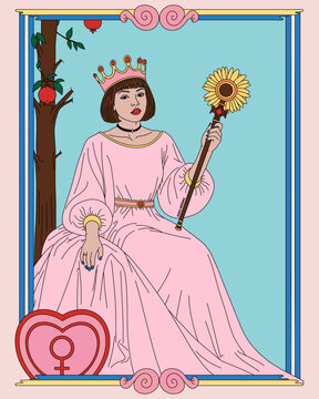 Vector Illustration of The Empress Magic Major Arcana Tarot Card in Colorful Minimalist Modern Design Against Blue Sky Background with Decorative Frame