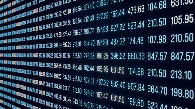Big data processing, running figures on a screen, deep learning, artificial intelligence. Analyzing data, computing,  technology, spreadsheet, encryption.