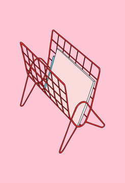 Vector Illustration of a Modern Red Wire Magazine Rack with Blank Cover Book against Pink Background.
Isolated Mockup with Copy Space