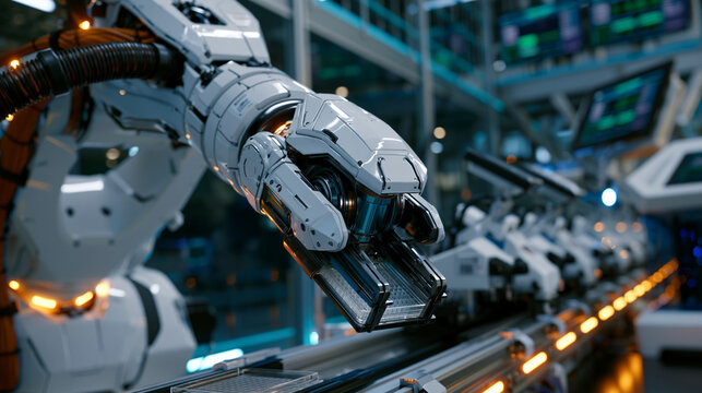 Automated biofoundry robotic arm transfers microtiter plates along a track inside a glass-walled facility, liquid handling stations and barcode scanners aligned in precise rows, a lone process engin