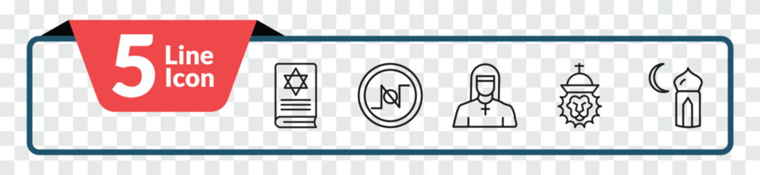 outline religion icons set - torah book, nihilism, lion of judah, subah prayer. editable vector for web and mobile ui