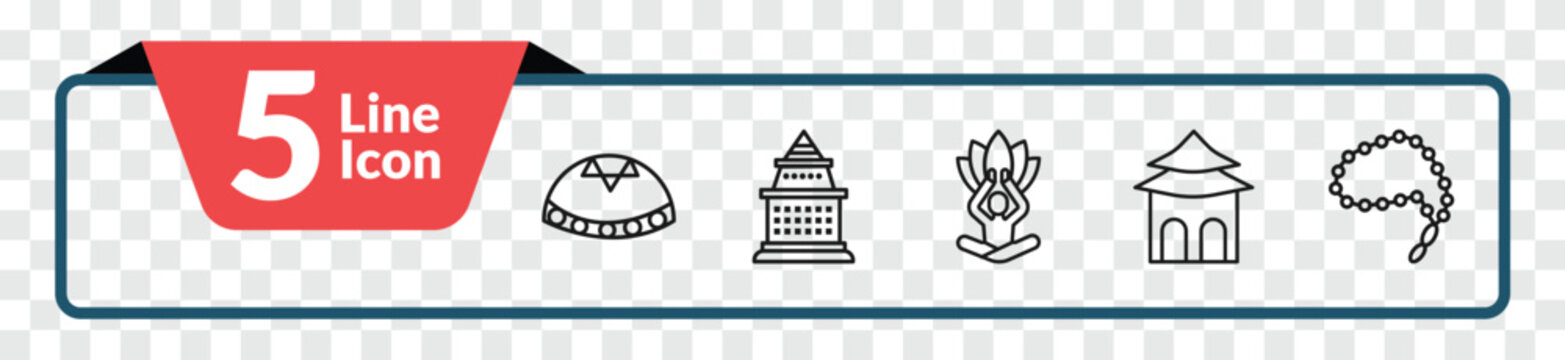 outline religion icons set - yarmulke, doi suthep, shrine, prayer beads. editable vector for web and mobile ui