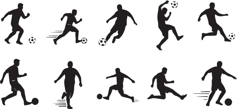 Black silhouettes of football players controlling ball, sprinting and passing vector collection.