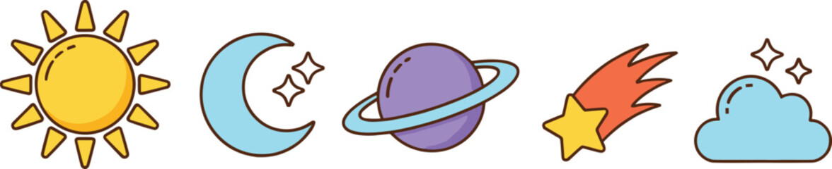 Fototapeta premium Celestial and weather icon illustration collection featuring sun, moon, stars, planet, comet, cloud, cartoon style, and colorful design