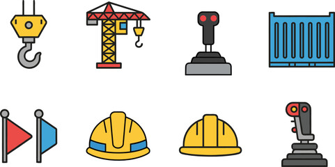 Construction icon illustration collection featuring crane hook, tower crane, shipping container, hard hat, robotic arm, and industrial design © shamsuzzoha