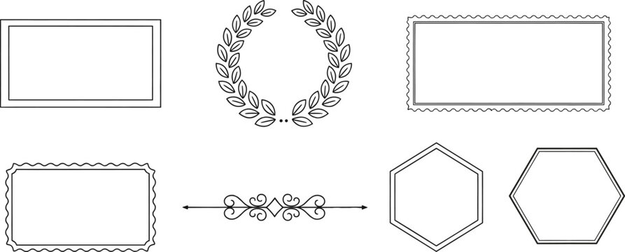 Decorative frame and border illustration collection featuring laurel wreath, zigzag, wavy, hexagon shapes, ornamental divider, and elegant design