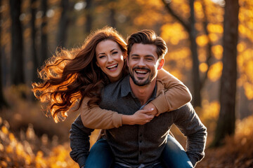 Fototapeta premium Married couple young woman and man walk autumn park, family on background fall leaves AI Generative