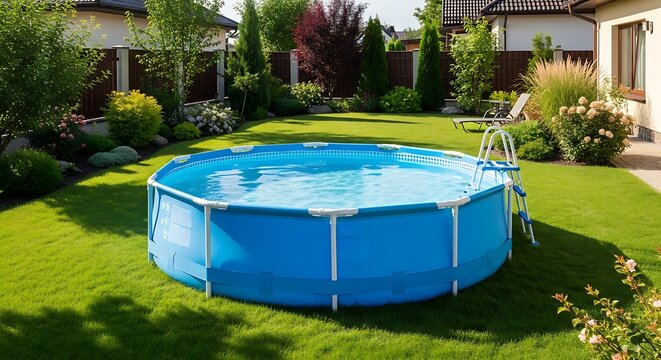 Above ground pool in a backyard with green grass and garden