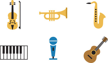 Musical instrument illustration collection featuring violin, trumpet, saxophone, piano keyboard, microphone, acoustic guitar, and diverse music design © shamsuzzoha