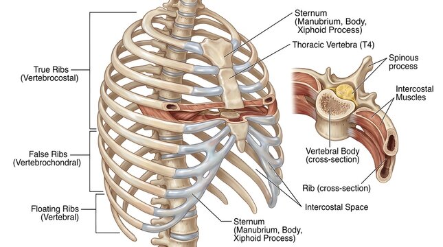 Human thoracic cage anatomy infographic showing sternum, true, false and floating ribs, costal cartilages, thoracic vertebrae and detailed vertebral cross‑section with spinal cord, intercostal muscles