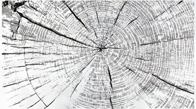 Monochrome background of sawn tree rings with detailed wood grain texture, hand drawn engraving style illustration inspired by rural life, creating a natural rustic decorative pattern