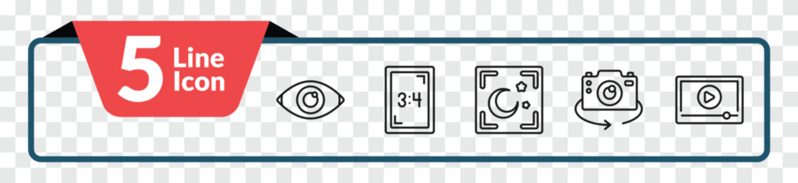 outline photography icons set - red eye, aspect, chroma, play video. editable vector for web and mobile ui