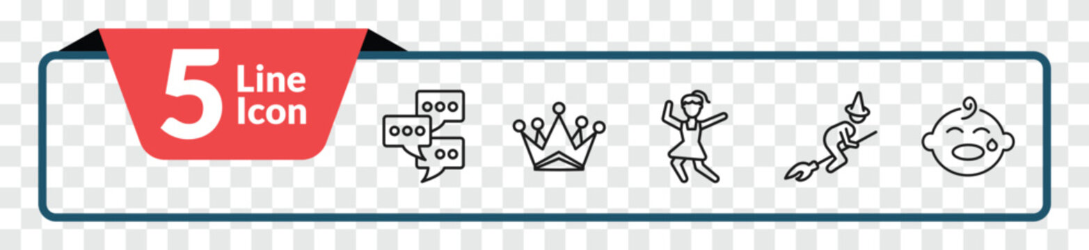 outline people icons set - chat group, empress, witch flying broom, crying baby. editable vector for web and mobile ui
