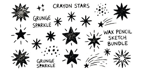 Set of hand drawn crayon star shapes and sparkle icons with a rough wax pencil sketch texture ©  creative  marlia
