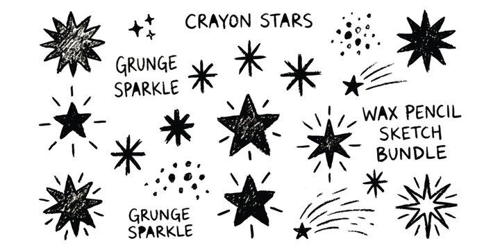 Set of hand drawn crayon star shapes and sparkle icons with a rough wax pencil sketch texture