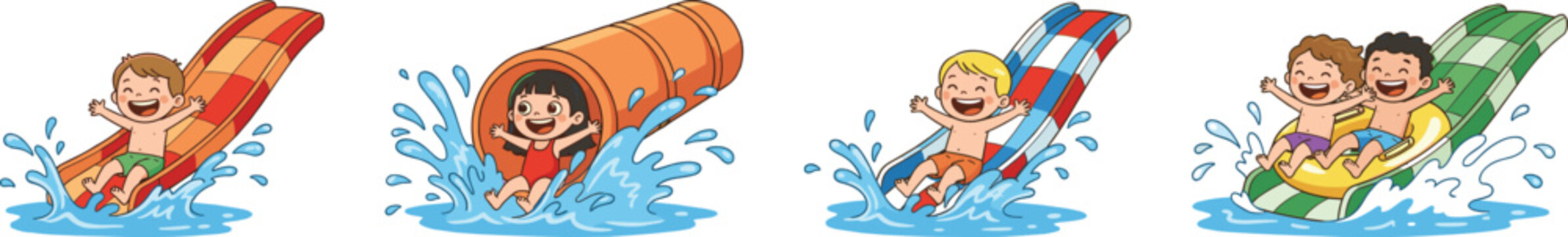 Water park illustration collection featuring children sliding, colorful slides, splashing water, playful cartoon style, and fun summer design